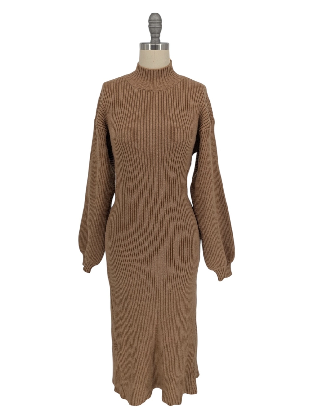 Forever 21 Ribbed Knit Cut Out Back Sweater Dress Tan size Small preppy winter